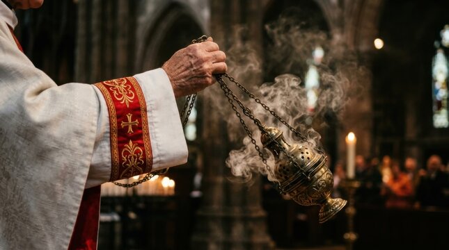 Priest Holding Lit Censer Emitting Incense Smoke During Mass