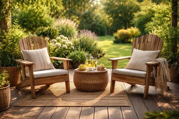 Fototapeta premium Summer relaxation setup featuring wooden chairs on patio floor with natural garden surroundings