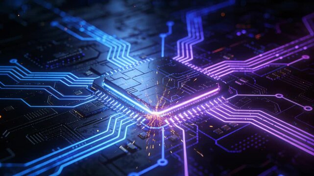 Close-up of a central processing unit (CPU) on a dark circuit board, emitting vibrant blue and purple neon light, symbolizing advanced technology and digital data flow