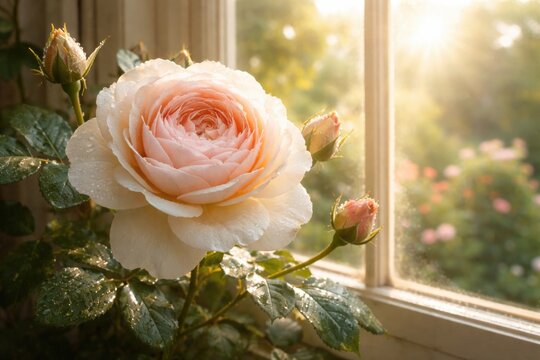 English Princess rose petals opening fully by a sunny window