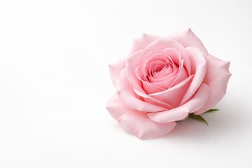 Fototapeta premium Single pink rose head on smooth white background ideal for copy space