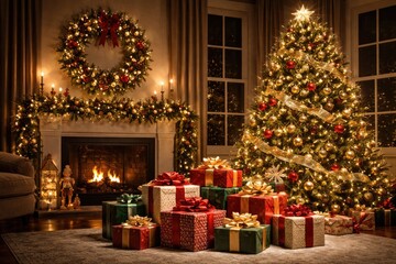 Naklejka premium Stylish holiday decorated space showcasing Christmas tree, decorative wreath, and colorful presents