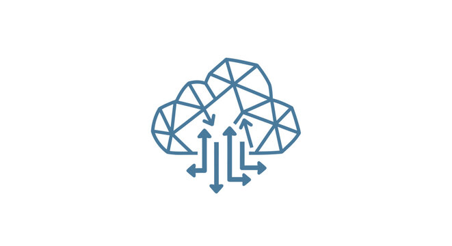 A blue cloud icon with arrows pointing up and down is shown in a polygonal style.