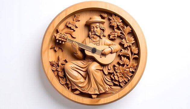 Carved wooden circular relief plaque depicting a man playing a lute surrounded by foliage, traditional folk art with intricate detail