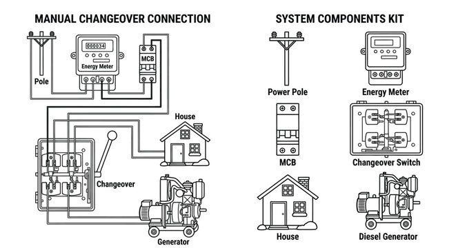 Electrical system components kit diagram with house pole and generator