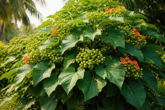 Shrub of jatropha curcas with bright green foliage emphasizing tropical biofuel and medicine uses