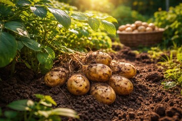 Obraz premium Natural sunlight highlights freshly harvested potatoes and healthy green plants in a backyard garden