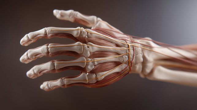 Annotated human hand and wrist anatomy diagram showing carpal bones, extensor tendons, ulnar and radial arteries, and median nerve pathway with ergonomic risk zone highlights for occupational therap