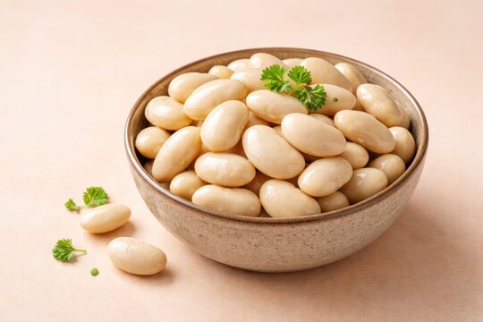 Bowl filled with butter beans on an even pastel colored background with ample copy space