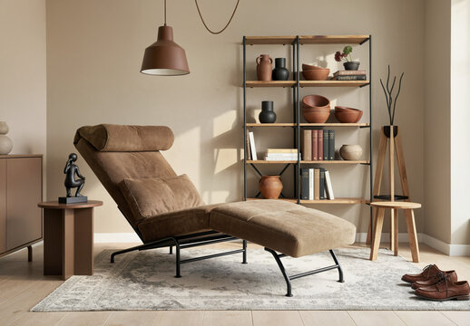 Modern lounge chair in cozy beige living room with wooden shelves and warm pendant light.
