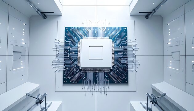 Central processing unit on a blue circuit board in a futuristic clean white server room, technology concept, data center, digital transformation, innovation and AI