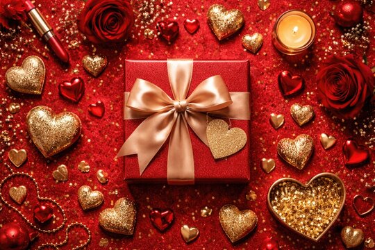 Valentines and Womens Day holiday flatlay with shimmering gold heart shapes and present on red