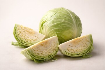 Fototapeta premium Whole and quartered white cabbage isolated on a muted neutral background
