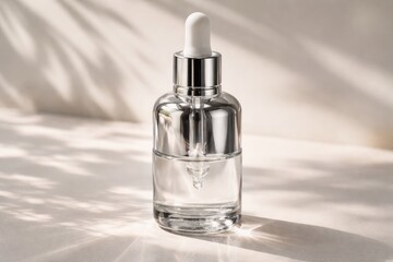 Naklejka premium Mirrored cosmetic dropper bottle shining in natural light minimal backdrop