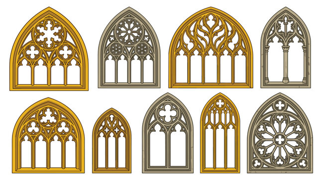 A collection of ten detailed gothic window frames rendered in gold and gray stone finishes features intricate tracery patterns and is presented on a plain white backdrop for design