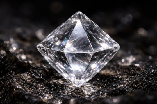 High resolution photo of transparent Spinel crystal with octahedral shape and reflective texture