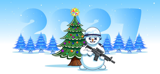 Naklejka premium Vector comical funny smiling cartoon snowman soldier, automatic rifle, wearing military helmet, shoulder straps. 2027. Green and blue fir trees. Merry Christmas and Happy New Year. Holiday postcard