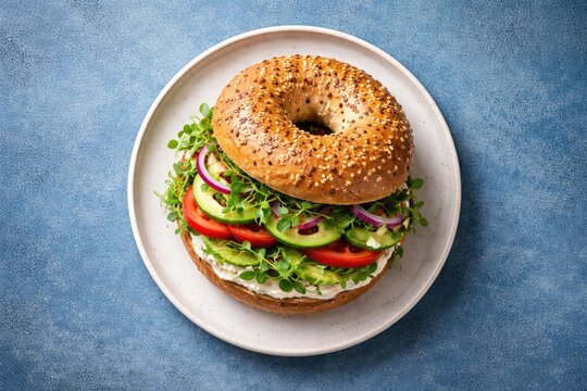 Top view of ceramic plate with a vegetarian whole wheat bagel sandwich on a smooth blue textured surface with copy space