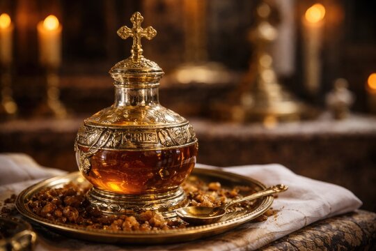 Holy anointing oil derived from myrrh for church sacraments stored in a chrismatory vessel
