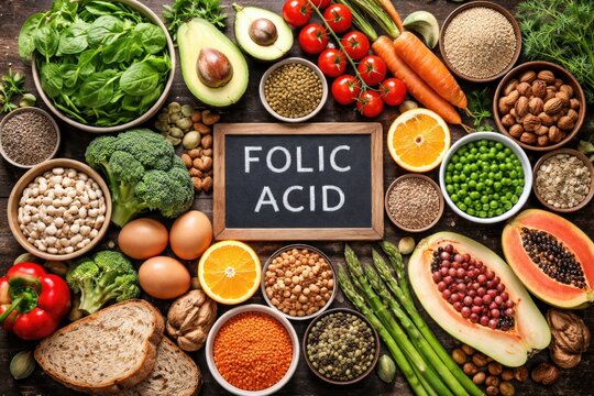 Flat lay of natural folic acid sources in vibrant presentation
