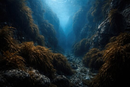 Vast underwater ravine with massive stones and extensive brown kelp growth