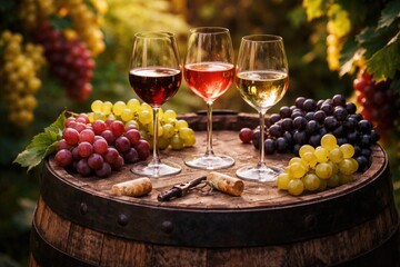 Naklejka premium Wine barrel topped with red rosÃ© and white wine glasses alongside various grape clusters