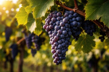 Naklejka premium Vibrant organic Gamay Noir grapes maturing on healthy vineyard vines