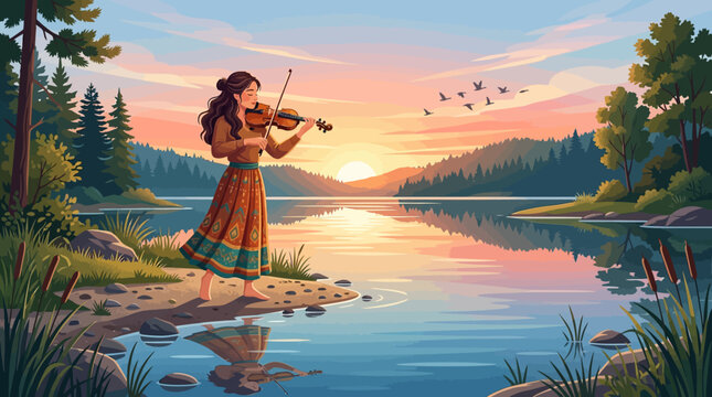Woman playing violin by serene lake at sunset with trees