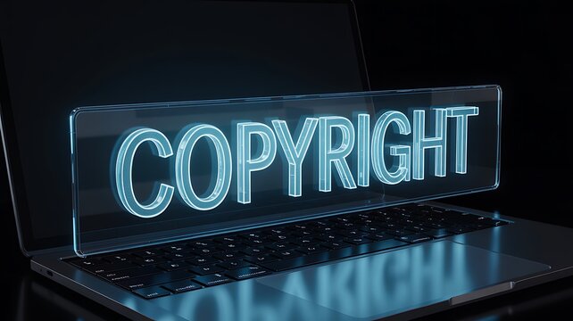 Digital copyright protection concept with glowing text on laptop screen