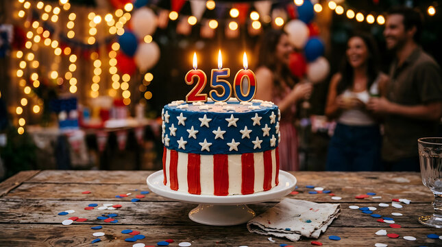 Patriotic cake with number 250 candles at festive celebration party