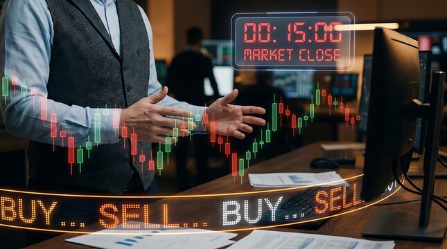 Stock market trader analyzing data on computer screen