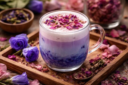 Soothing organic butterfly pea flower milk tea latte with rose petal infusion