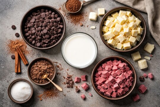 Top view of dark chocolate chips white milk ruby pieces and a glass of milk arranged for hot chocolate over gray background