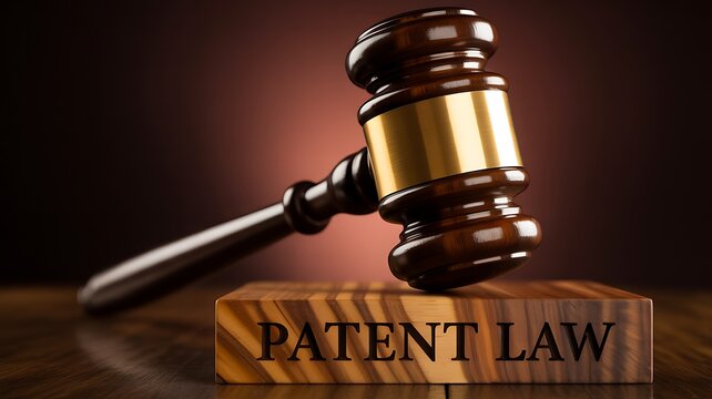 Patent law concept with judge gavel and legal authority background