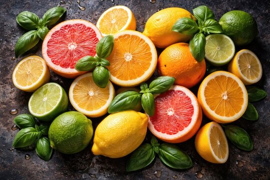 Colorful citrus fruit selection and basil leaves displayed on a deep textured backdrop for kitchen design