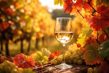 Naklejka premium Sunlit scene of a clear wine glass amid grapevine with colorful fall leaves