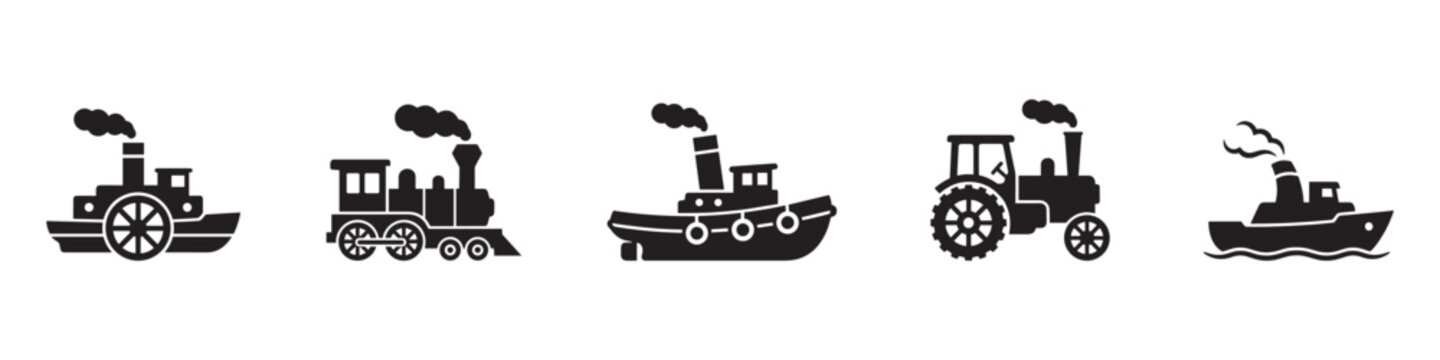 Vintage Transportation Icon Set. Steam Train, Ship, Tugboat and Tractor Retro Symbols. Vector Illustration.