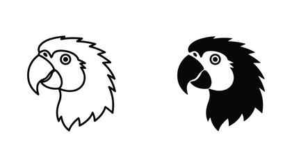Parrot head profile portrait as vector icon in line art and solid black styles for pet store branding or wildlife education materials © Maya
