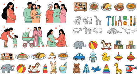 Naklejka premium Cute Baby and Family Bundle Set with Pregnant Woman, Kids Toys, Animal Outlines, and Food Icons for Maternity, Nursery, and Childcare Designs