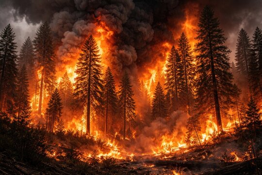 A detailed image portraying an uncontrollable forest inferno burning massive trees surrounded by smoke