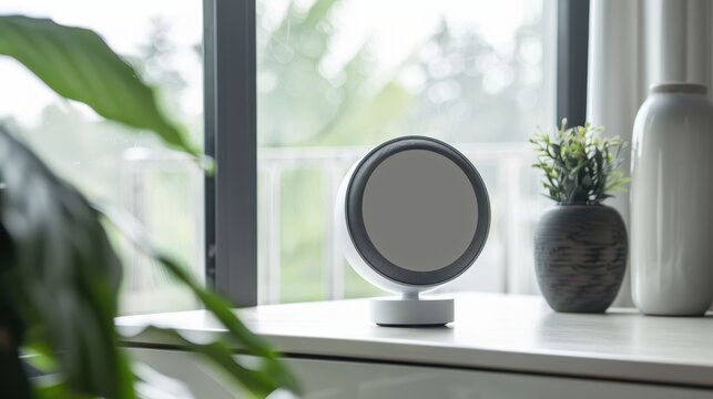 White air quality monitor standing on a wooden table with a vase in a minimalist interior