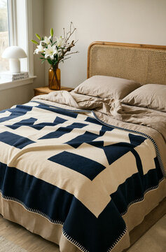 Cozy Bedroom with Geometric Blanket and Bamboo Headboard