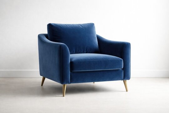 Stylish blue single seat armchair positioned on a plain white wall background