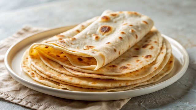 Lefse flatbread folded on white plate, showcasing soft texture and light golden spots. Delicious lefse flatbread, traditional Scandinavian potato food, presented on rustic linen.