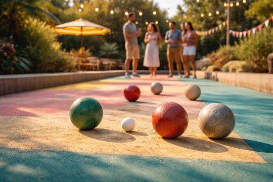 Relaxed atmosphere around bocce balls placed on a colorful leisure court