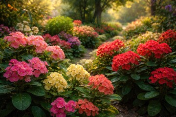 Fototapeta premium Lush garden setting with Euphorbia Mili flowers bursting with color