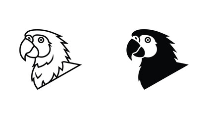 Parrot head profile portrait as vector icon in line art and solid black styles for pet store branding or wildlife education materials © Maya