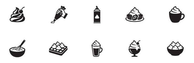 Obraz premium Whipped Cream and Sweet Dessert Icon Set. Bakery, Pastry and Dairy Product Symbols. Flat Vector Illustration.