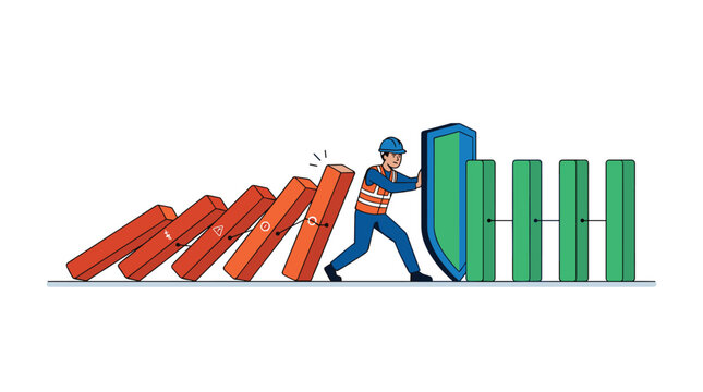 A construction worker in safety gear holds a protective shield to halt a chain reaction of falling orange rectangular blocks on a stark white background in flat design.