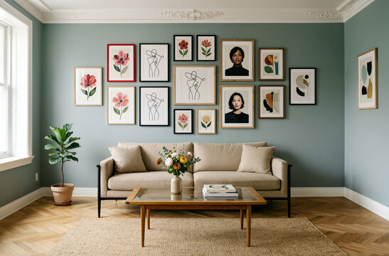 Modern Living Room with Gallery Wall and Beige Sofa